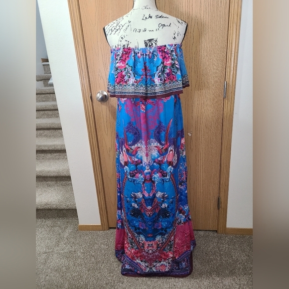 Boston Proper Rhinestone Ruffle Peacock Floral Off The Shoulder Maxi Dress - Picture 4 of 6